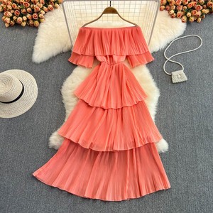 Vendita calda a buon mercato nuovo elegante vestito da donna dolce con gonna a spalla in tinta unita con volant abito lungo da spiaggia per le vacanze - Product Image 6