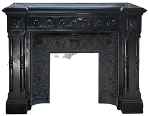 Hand Carved Cultured Natural Marble Fireplace Surroud mantel in Black Belgium marble with columns