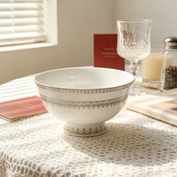 Service de vaisselle en porcelaine gris vintage à motif floral avec double bordure en dentelle, assiettes et bols à riz en céramique élégants de style européen, qualité alimentaire