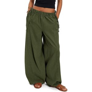 Fisoew Womens Wide Leg Pants Mid Waist Elastic Drawstring Casual Cotton Canvas Breathable Loose Fit Summer Wear - Product Image 1