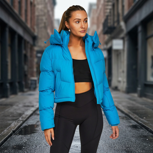 Blue Hooded Puffer <b>Jacket</b> <b>Women's</b> Short Zipper Closure Windproof Winter Coat Casual Style Slim Fit Polyester Wadding - Product Image 5