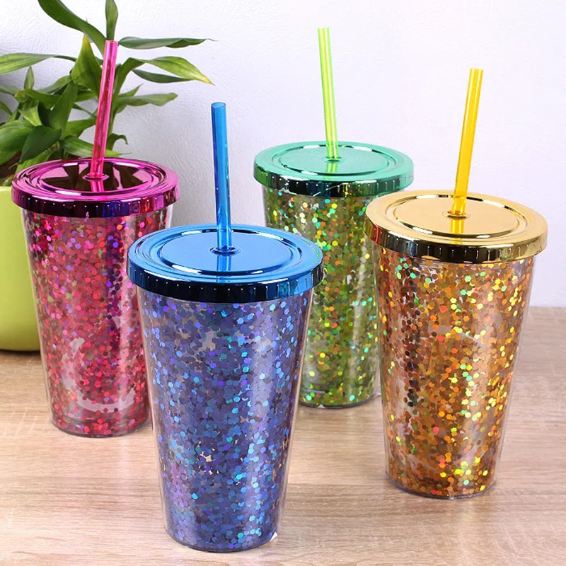 16oz Plastic Double Wall Glitter Tumbler with Lid & Straw - Ideal for  Business Gifts and Parties, Eco-Friendly Drinkware