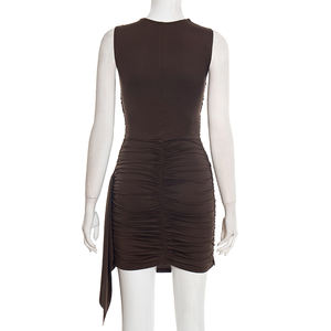 Viviblook D25DS500 Nouvelle robe de soirée pour femmes, robe de soirée unie, plissée, sans manches, élégante, mini-robe - Product Image 5