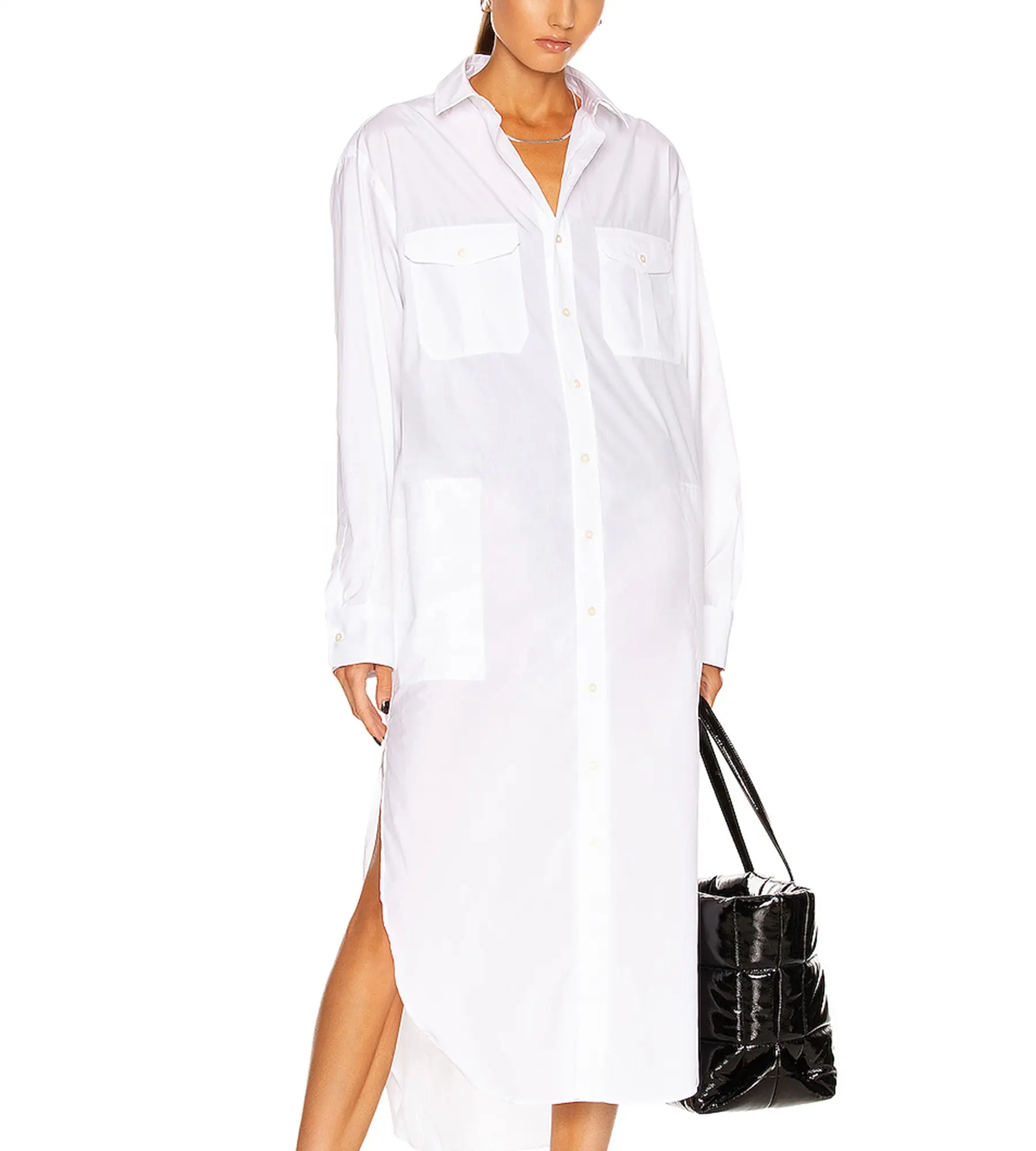 ホワイト長袖ボタンポケットデザインラージサイズルーズレディースカジュアルデイリーロングシャツドレス