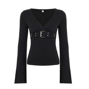 Nueva Camiseta de Manga Larga para Mujer, Estilo Gótico Y2K, Cuello en V, Cierre Metálico, Ajustada y Entallada, Venta al Por Mayor - Product Image 6