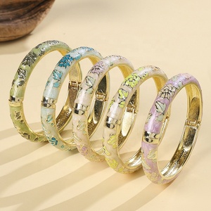Trending Now Wholesale SSJ H999 Chinese Style Travel <b>Gift</b> Color Drop Spring Electroplated Christian Cloisonne Peony Bangles - Product Image 1