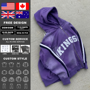เสื้อฮู้ดดี้ทรงบ็อกซี่แบบซิปสำหรับผู้ชายสไตล์วินเทจ ผ้าหนา ซีดจาง ตกแต่งด้วยงานปักและแอพพลิเค ตัดเย็บแบบครอป ลุคทำสีซีดแบบแอซิดวอช - Product Image 2