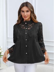 Camisa Casual de Encaje para Mujer, Primavera/Verano 2026, Cuello Redondo, Manga Larga, Bordada, Corte Regular, Nuevo Estilo Moderno, Tejida - Product Image 1