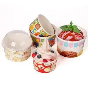 Customer printed waterproof paper ice cream cup with dome lid dessert yogurt ice cream shop container tubs paper packaging