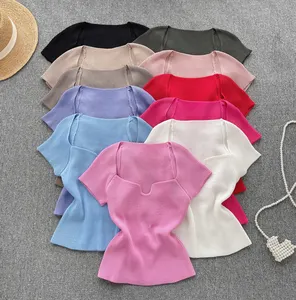 Summer Short Sleeve Square Collar Casual Tricô Blusas Mulheres Sólidos Camisas Ladies Party Tops Roupas Mulheres Atacado Knitting