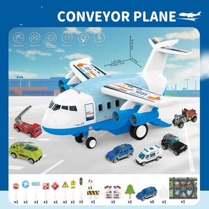 Avion de transport amusant avec piste à inertie sonore et lumineuse, incluant un petit camion de pompiers en alliage et un panneau routier - Product Image 2