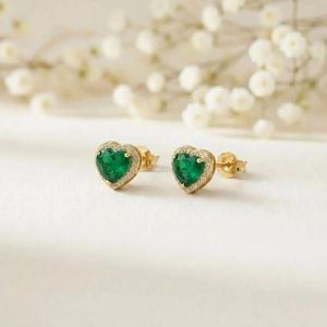 <b>Emerald</b> CZ Heart <b>Stud</b> <b>Earrings</b> In Gold Finish With Green Gemstone Design 925 Sterling Silver Or 18K Gold Filled Minimalist Gift - Product Image 1