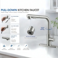 Robinet de cuisine moderne à poignée unique en acier inoxydable brossé avec cartouche céramique, monotrou, extractible et rotatif à 360 degrés, à poser sur comptoir