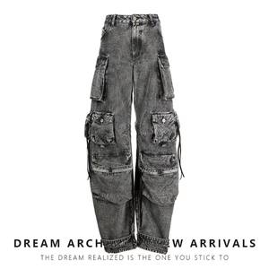 Stile Y2K nero Denim 6 Pocket <span class=keywords><strong>Cargo</strong></span> jeans pantaloni Casual Streetwear Wild Leg Outfit da <span class=keywords><strong>donna</strong></span> - Product Image 4