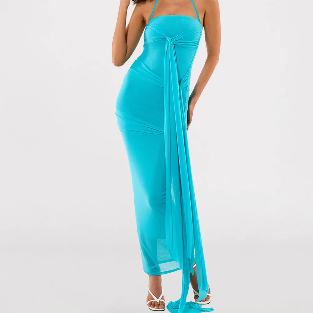 Tela de chifón con hoyuelos verdes Sexy mojado cuerpo personalizado con Maxi vestido Diseño de mujer cuello Halter cielo azul vestidos de quinceañera