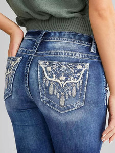 <span class=keywords><strong>Jeans</strong></span> da <span class=keywords><strong>Donna</strong></span> Stile Western Vintage con Ricamo di Piume Pantaloni a Zampa Eleganti e Casual a Vita Media Lunghi Elasticizzati - Product Image 2
