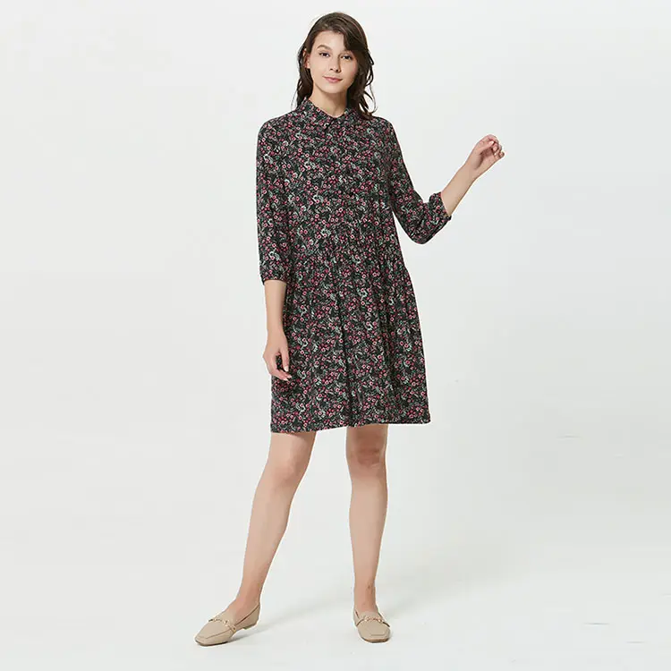 Wholesale Spring Retro Long Sleeve Lapel Lapel Women's Short Skirt Casual Printed Dress