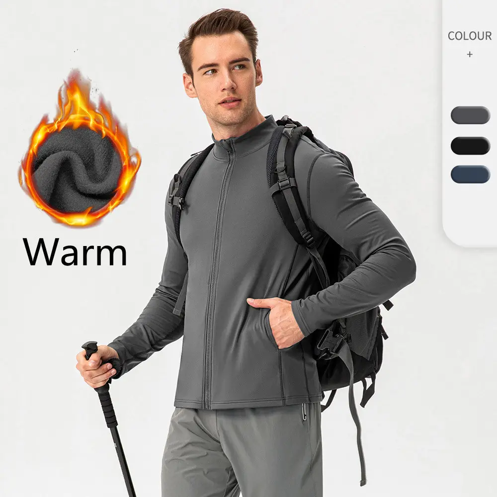 Plus Size Men Winter Slim Zipper Training Running Outdoor High Collar Plus Velvet Warm Fleece Fitness Clothes Sports Jacket