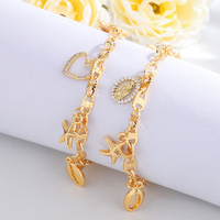 Bracelet tendance en laiton plaqué or 18 carats avec chaîne cubaine et breloques étoile, cœur et coquillage pour femme – Bijou de mode