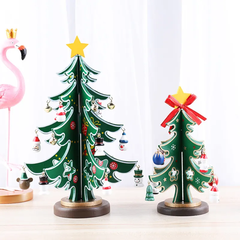 クリスマスデコレーションアクセサリー用ミニクリスマスツリーデスクトップオーナメントグリーンレッド木製クリスマスツリー