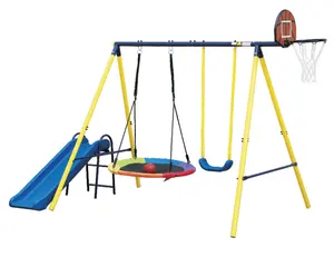 Children 40'' Saucer Swing Set, Garden Kids Swing Slide, Metal Swing Stand with Basketball Hoop