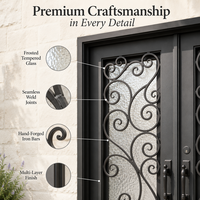 Porte d'entrée simple en fer forgé moderne avec verre trempé dépoli, anti-rouille, anti-effraction et étanche pour appartement urbain ou maison