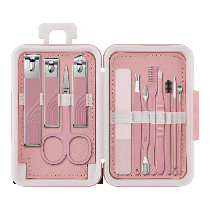 New High Quality Manicure 16PCS Nail Clipper Care Set Stainless Steel Pink Black Grooming with Small Suitcase Storage Box