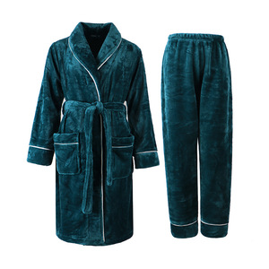 Set Pigiama con Accappatoio in Flanella Foderato in <span class=keywords><strong>Pile</strong></span> per <span class=keywords><strong>Uomo</strong></span> e Donna, Collo a V, Ispessito e Caldo per Primavera e Autunno - Product Image 5