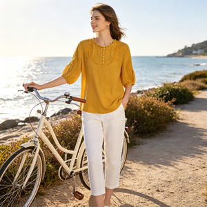 Women's <b>Yellow</b> Embroidered Viscose Blouse Three Quarter Sleeve O-Neck Collar Bohemian Loose Fit Elegant Lightweight Spring - Product Image 4