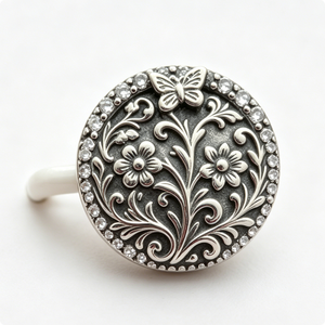 Épinglette circulaire en alliage de zinc plaqué argent avec motif floral en relief et bordure en cristal, objet de collection artistique - Product Image 4