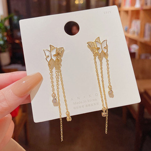 S925 gümüş iğne zarif çift kelebek küpe mizaç uzun zincir püskül küpe bayanlar moda küpe 2022 - Product Image 4