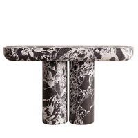 Table console en marbre veiné noir et blanc, plateau ovale arrondi, pieds cylindriques doubles, table moderne pour entrée, table de couloir en pierre, maison de rêve