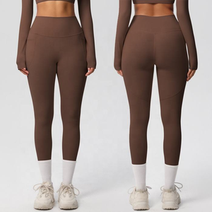Leggings de sport unis pour femme, taille haute, extensibles, pour fitness, course et yoga, avec poches, vente en gros - Product Image 3