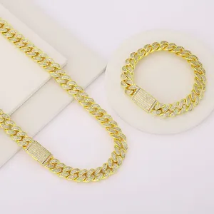 Penjualan terlaris 12mm penuh es Bling 5A CZ berlian Hip Hop perhiasan 14k 18k berlapis emas asli wanita rantai Kuba Miami untuk pria