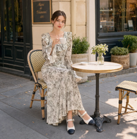 Robe midi en mousseline de soie florale française personnalisée OEM, nouvelle collection printemps, respirante, taille haute avec volants pour les vacances d'été à la plage