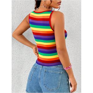 FOXA Women's <b>Rainbow</b> Striped Crop Tank <b>Top</b> Sleeveless Scoop Neck Slim Fit Summer <b>Top</b> - Product Image 2