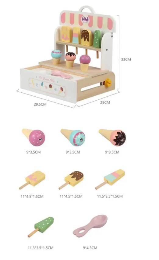 Children's Kitchen Toys Wooden Ice Cream Counter Pretend Play Toys for Kids Role Play Wooden food Games Gift for Boy and Girl