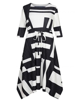 2023 robe à carreaux noir et blanc impression numérique grande taille robes décontractées pour femmes (avec ceinture) robes plissées pour femmes