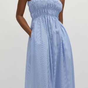 Robe mi-longue en lin et satin de coton pour femme, coupe ample, taille haute, style décontracté, tendance estivale, sexy, à rayures, vente chaude OEM - Product Image 4
