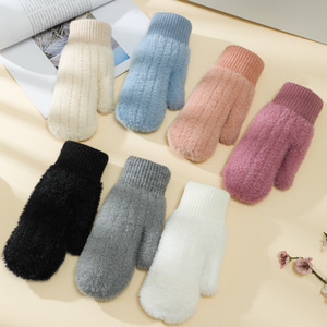 Mitaines en velours chaudes d'<span class=keywords><strong>hiver</strong></span> HZS-25059 pour femmes, gants en tricot de couleur unie, mitaines en polaire épaisses - Product Image 1