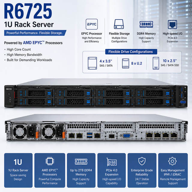R6725 1U Rack Server with EPYC Processor 4x 3.5" SAS / SATA or 8x U.2 / 10x 2.5" SAS / SATA SSD