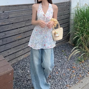 Summer Floral Embroidered V-Neck Halter Camisole For Women Backless Top Lightweight Polyester Summer Wear - Product Image 2