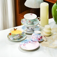 Ensemble tasse et soucoupe à café en porcelaine fine de style européen, bord doré, pour le thé de l'après-midi, résistant au lave-vaisselle, motif floral
