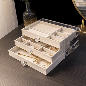 Jewelry Storage <b>Box</b> Three Layer Velvet Acrylic Organizer For Rings Necklaces Earrings Jewelry <b>Display</b> Case Beige Gray Color - Product Image 3
