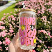 Gobelet en verre borosilicate de 500 ml avec couvercle en bambou et paille en verre, motif imprimé, pour café glacé, emballage en mousse EPE
