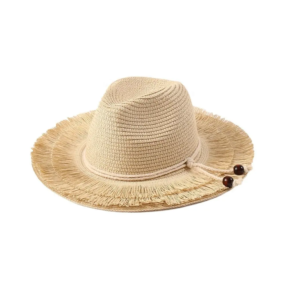 도매 여름 구슬 밀짚 모자 여성용 술 파나마 정장 모자 재즈 UPF50 + 자외선 차단제 넓은 챙 해변 여행 해변 태양 모자