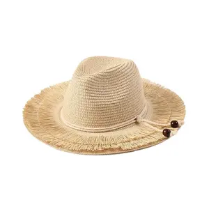 Wholesale Summer Bead Straw Hats for Women Tassel Panama Formal Hat Jazz UPF50+ Sunscreen Wide Brim Seaside Travel Beach Sun Hat