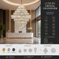 Lustre en cristal classique de luxe à plusieurs niveaux en forme de pyramide pour hall d'hôtel, design haut de gamme pour atrium, lampe suspendue pour projet d'hôtel, escalier ou villa