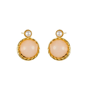 Pink Protein <b>Round</b> Stud Earrings With Pearl Bezel Setting 925 Silver <b>Posts</b> Everyday Wear - Product Image 5