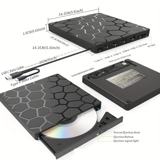 7-in-1 USB Multi-function Blu-ray Drive with SD/TF Card Reader and Type-C Port for Blu-ray burner